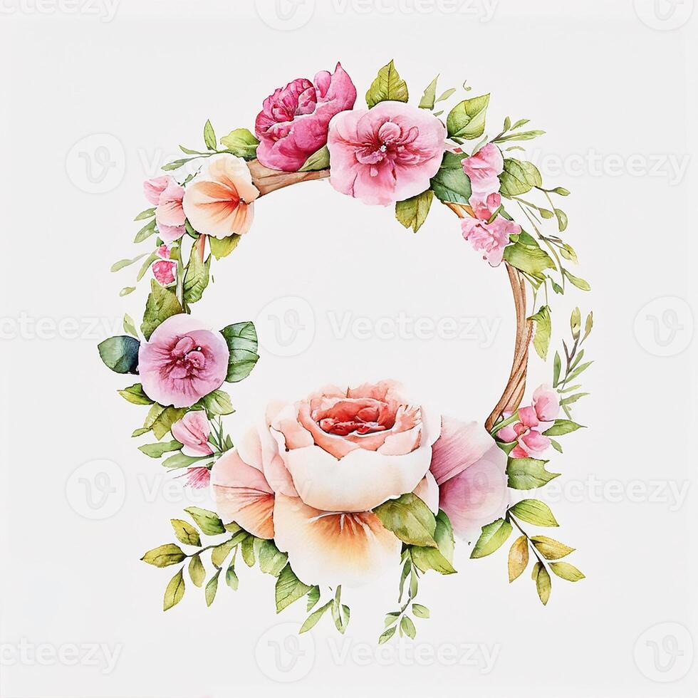 Cute watercolor frame flower wreath. photo