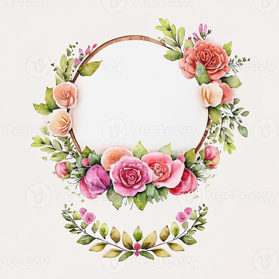 Cute watercolor frame flower wreath. photo