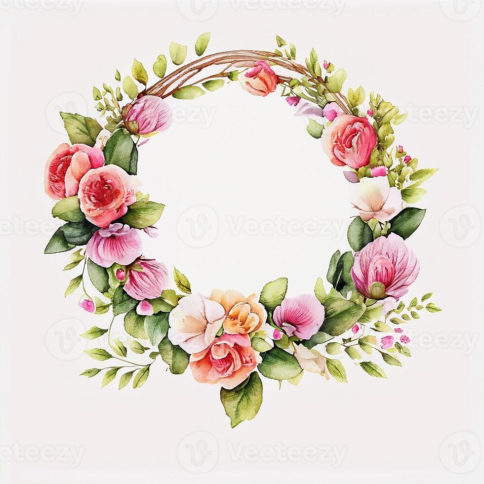 Cute watercolor frame flower wreath. photo