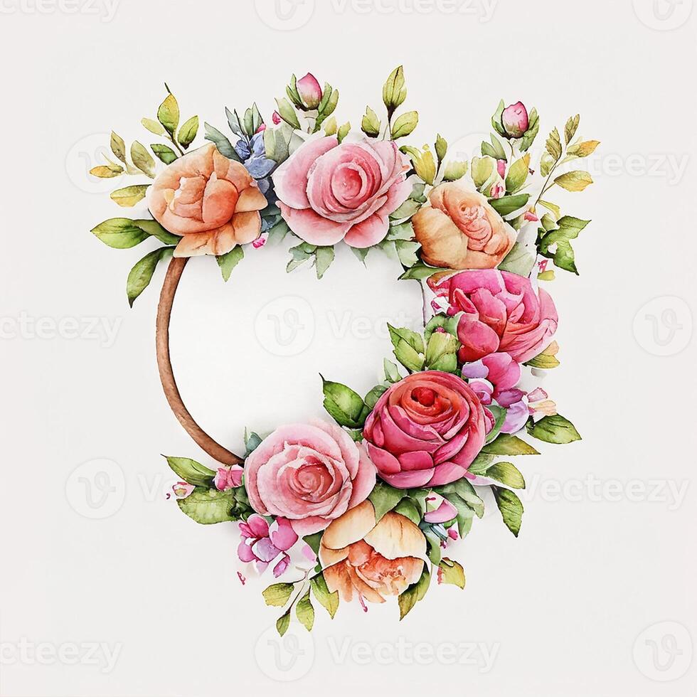 Cute watercolor frame flower wreath. photo