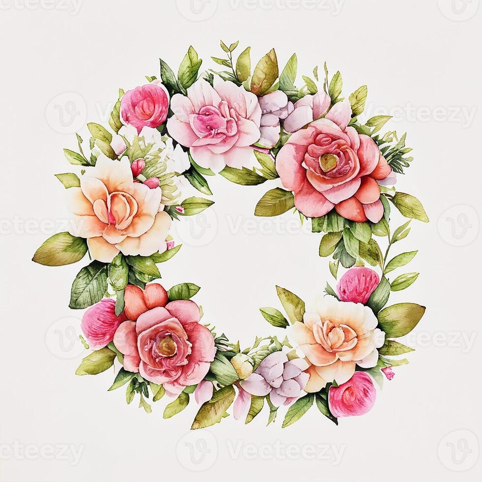 Cute watercolor frame flower wreath. photo