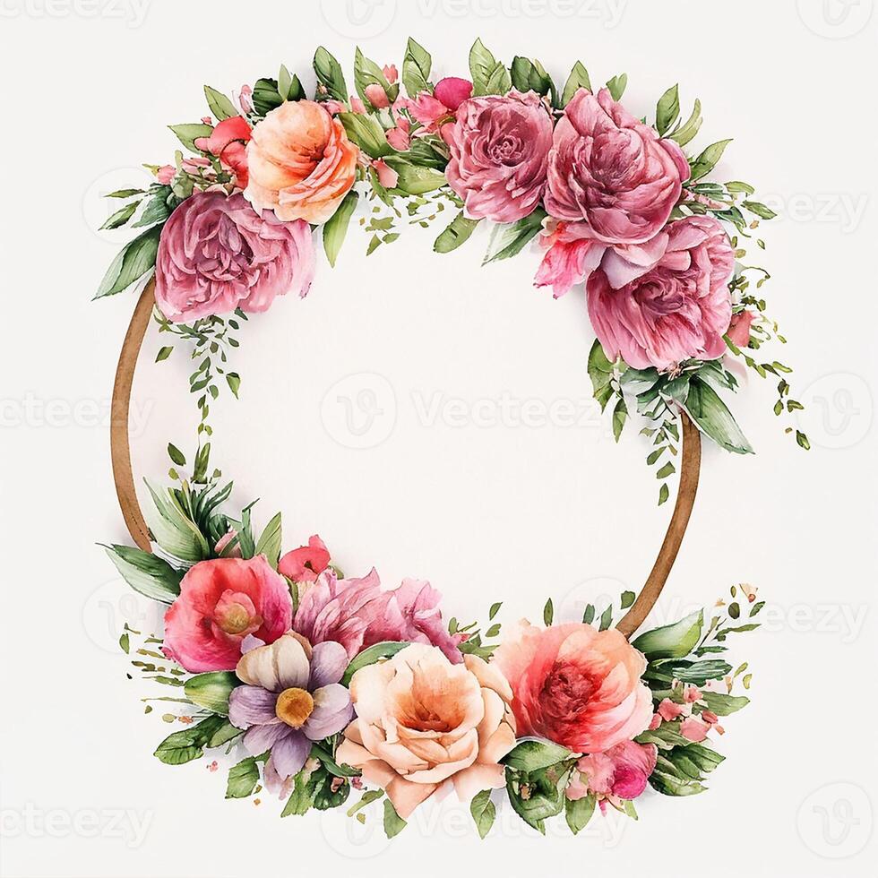 Cute watercolor frame flower wreath. photo