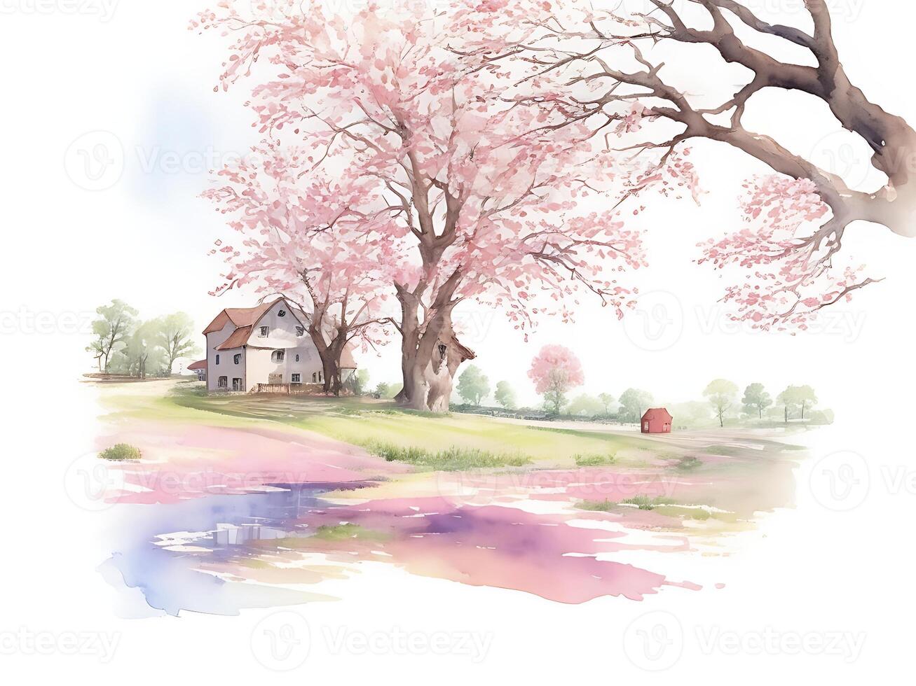 A watercolor painting of a rural countryside scene, photo