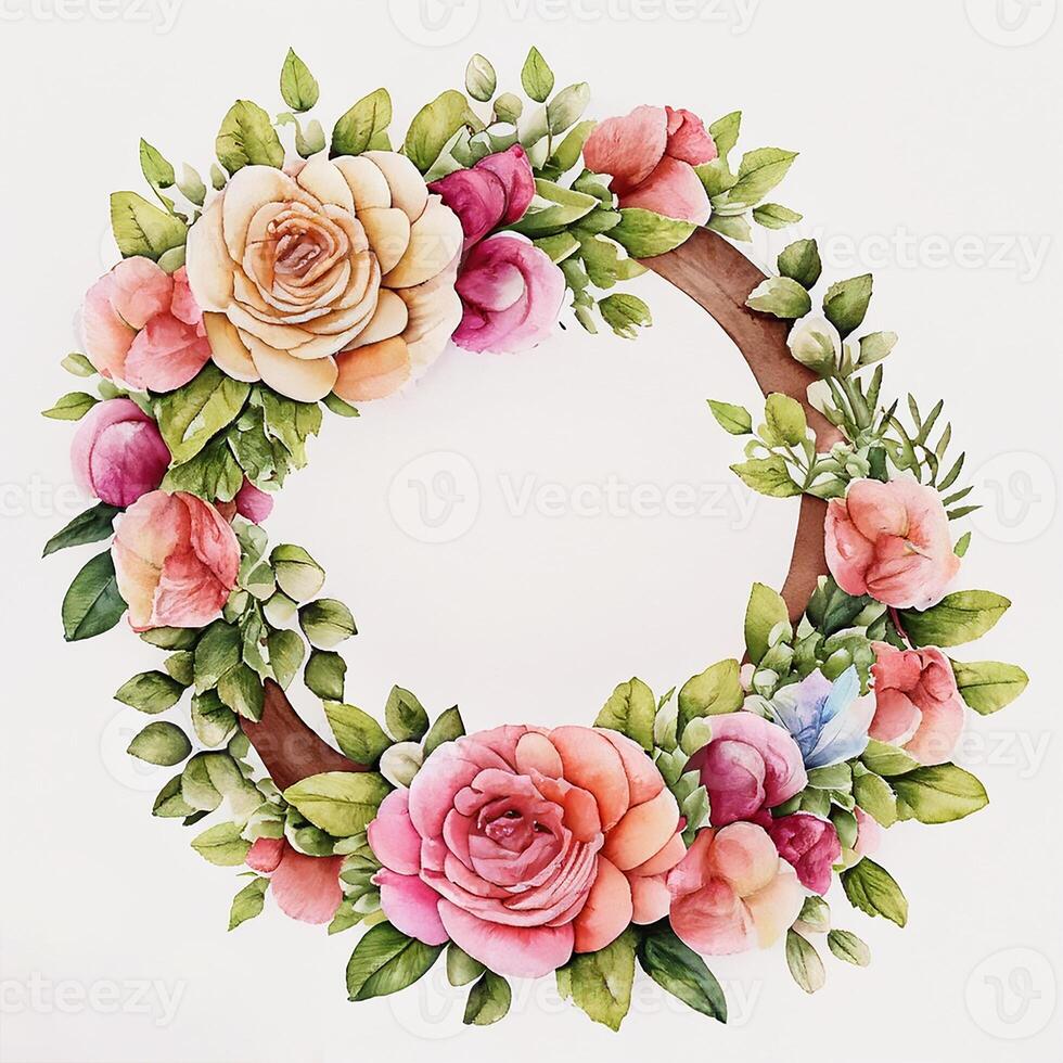 Cute watercolor frame flower wreath. photo