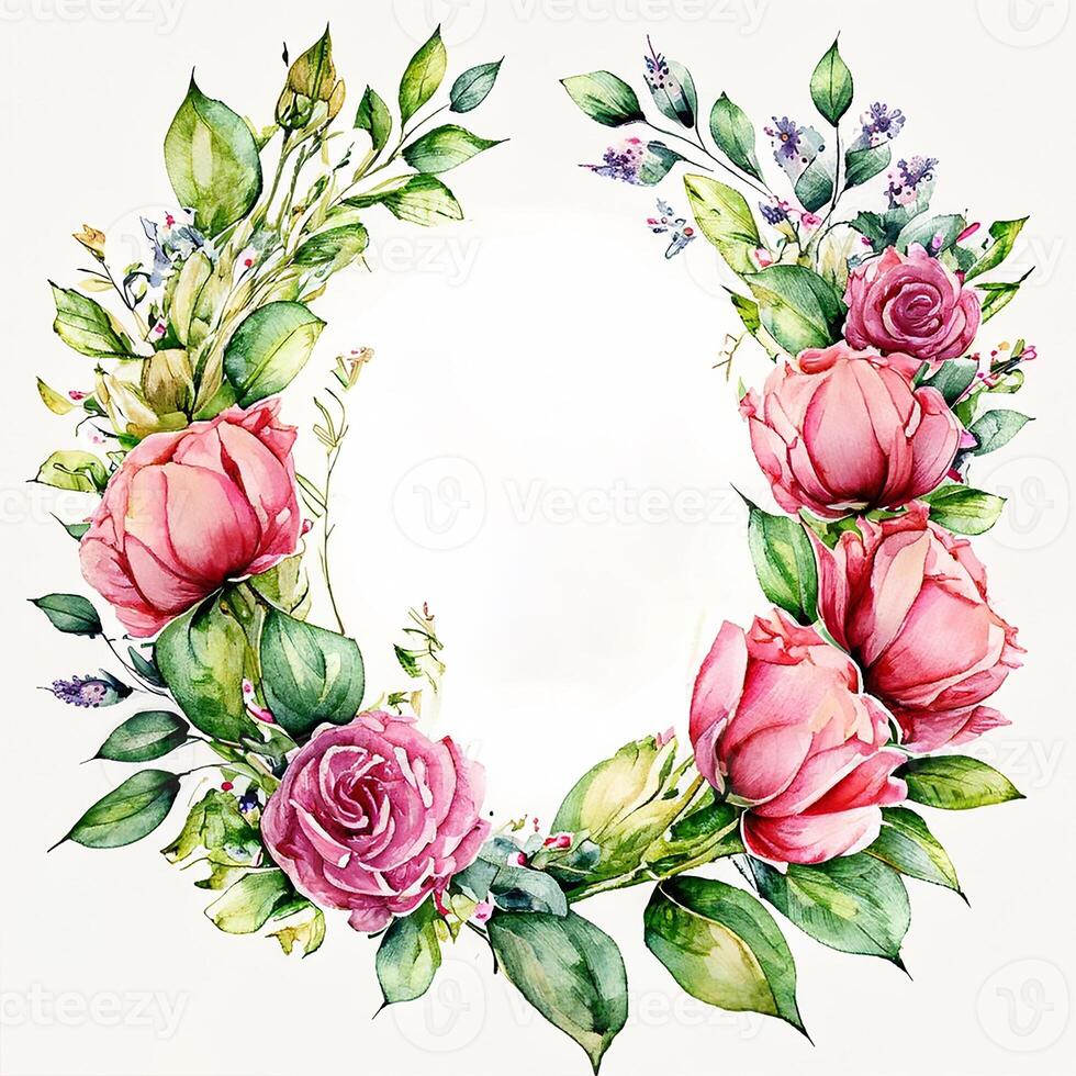 Cute watercolor frame flower wreath. photo