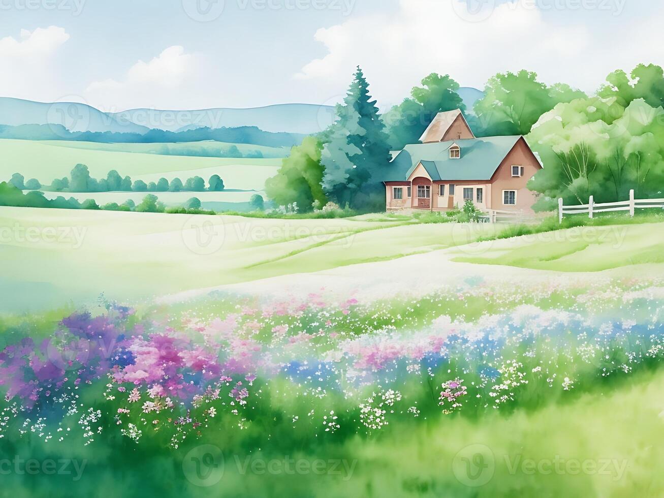 A watercolor painting of a rural countryside scene, photo