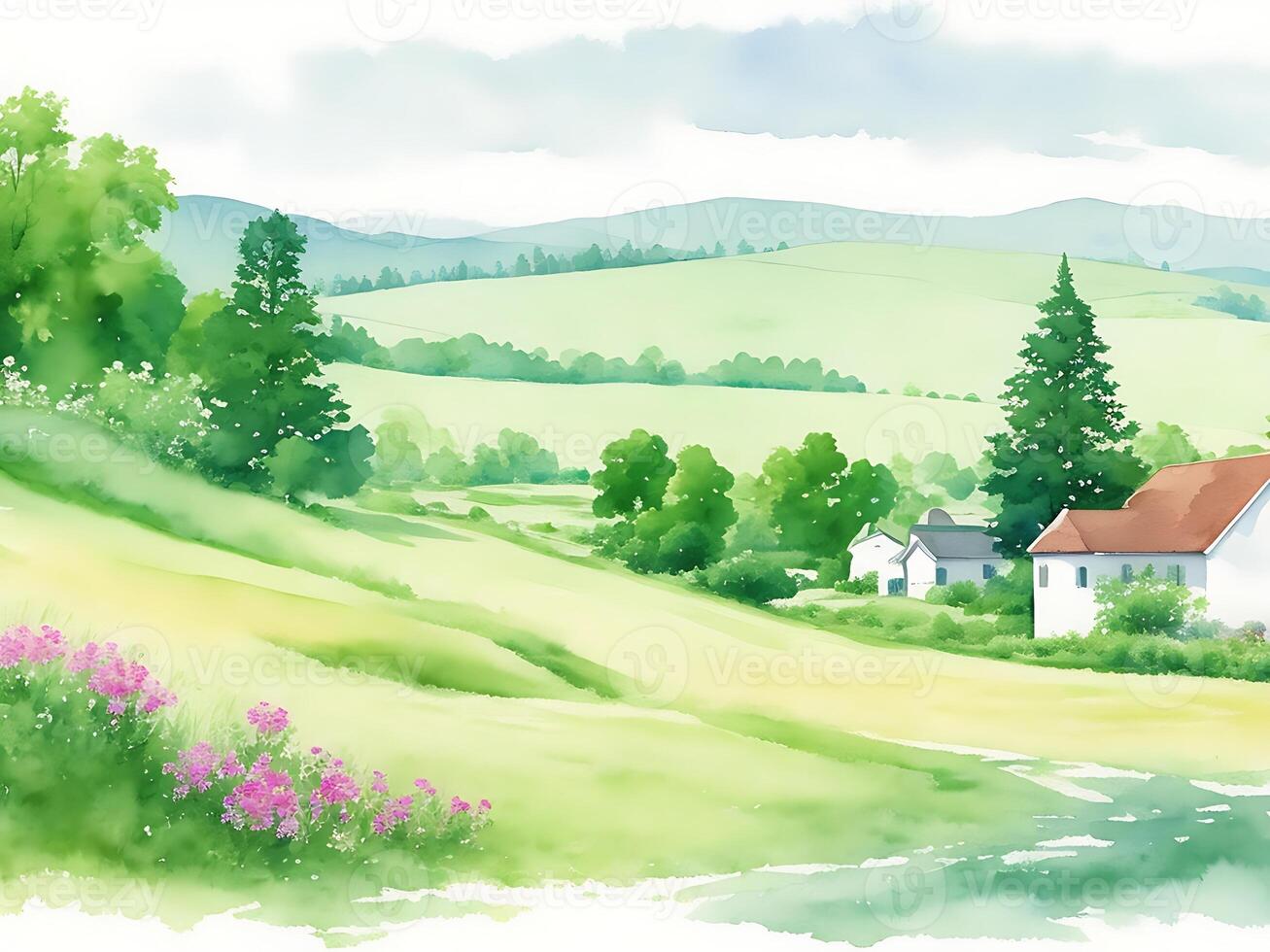 A watercolor painting of a rural countryside scene, photo