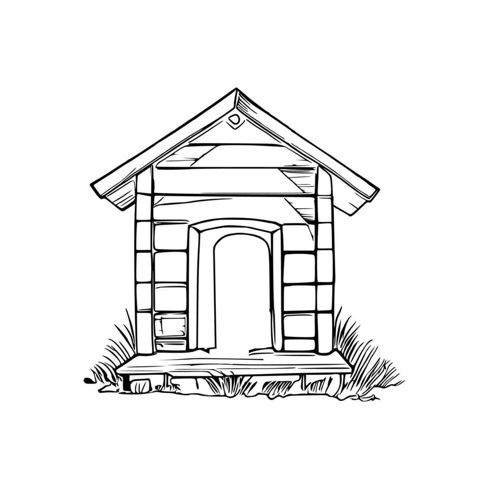 Black and white line art doghouse vector