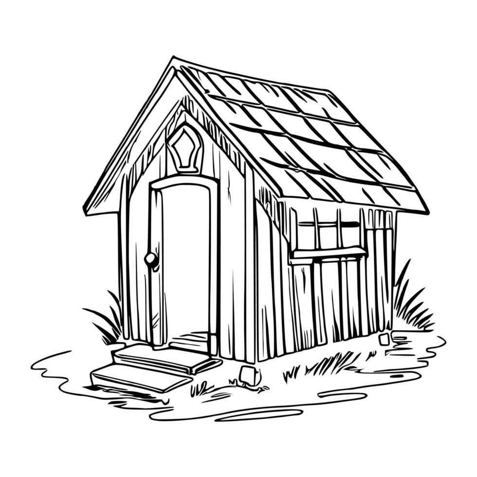 Black and white line art doghouse vector