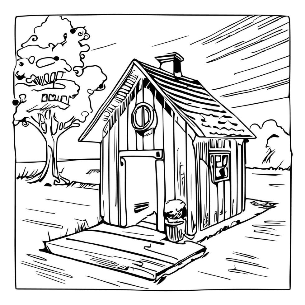 Black and white line art doghouse vector