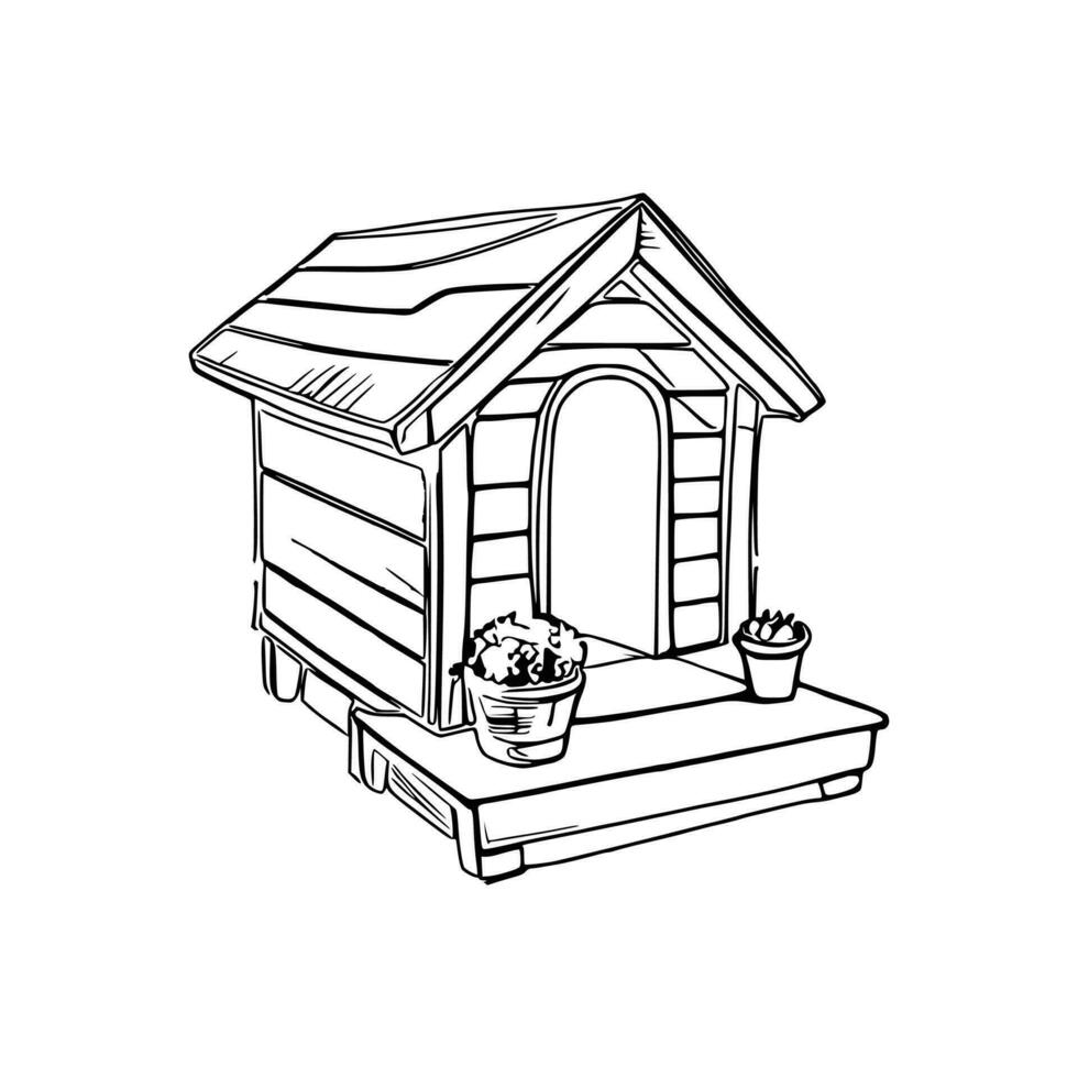 Black and white line art doghouse vector