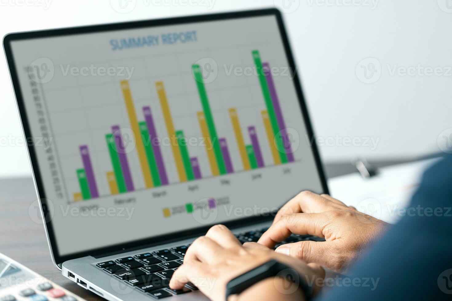 Business Data Analysis on Laptop Financial Charts, Graphs, Reports for Successful Planning and Strategy. Professional Workplace Analyzing Business Data, Charts, Graphs for Strategic Decision Making photo