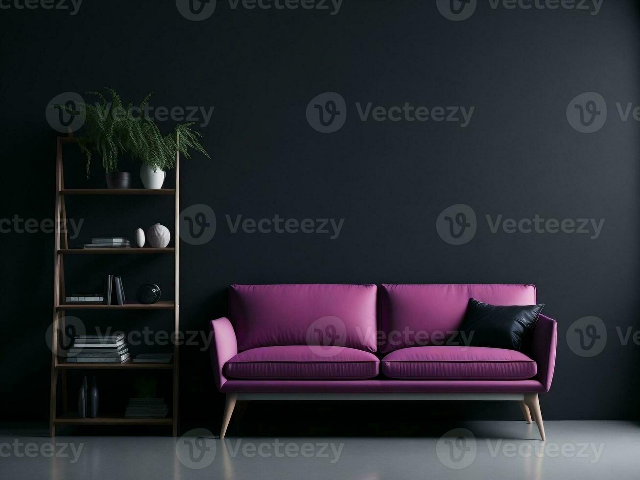 Living room interior with maroon purple color sofa and indoor plant in dark wall for mockup. AI Generated photo