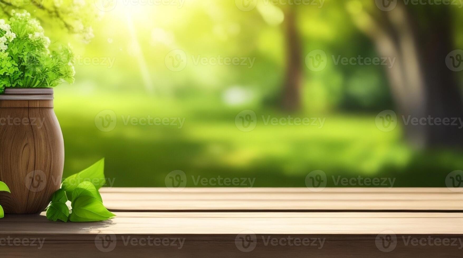 Empty wooden table on bokeh green background for product showcase. AI Generated photo