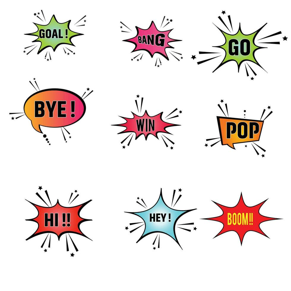 Set of speech bubbles. Set comics book balloon. Bubble speech phrase. Cartoon exclusive font label tag expression. Comic text sound effects. Cartoon balloon word design. vector