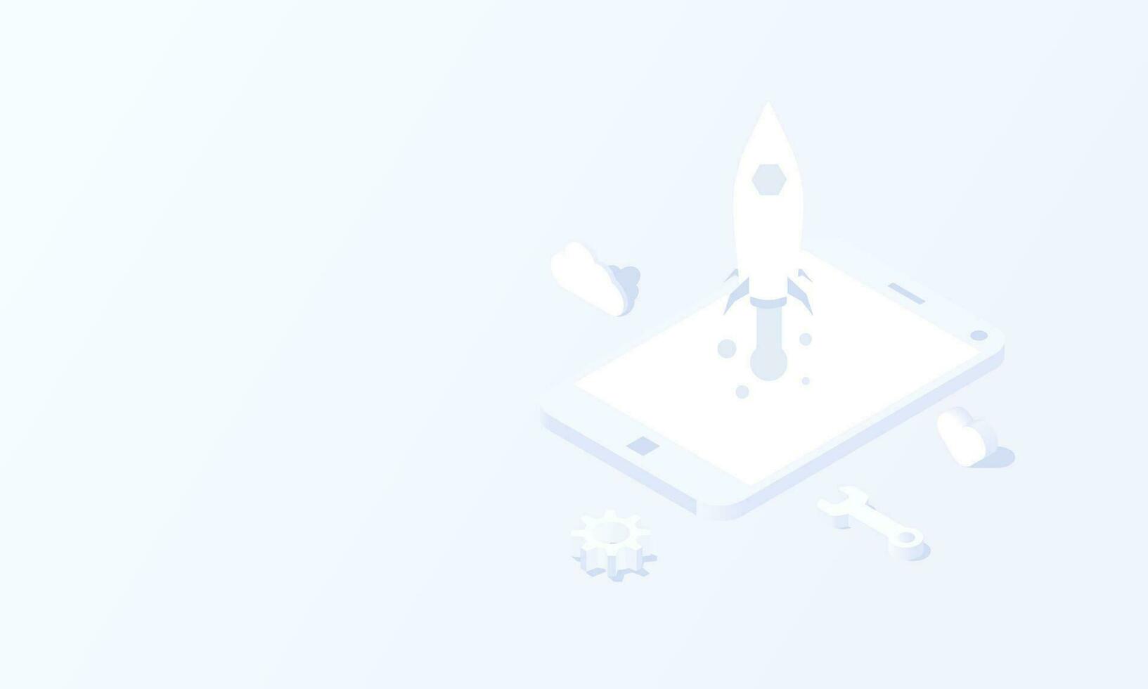 Mobile Social media rocket monitoring concept in isometric background vector design.