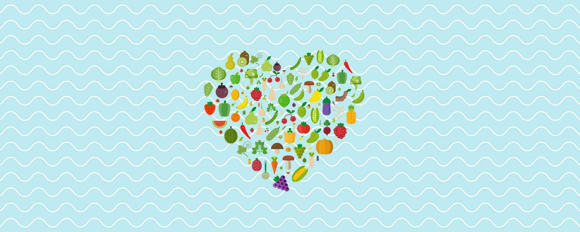 corazón vegetales frutas, verduras, orgánico. plano vector diseño