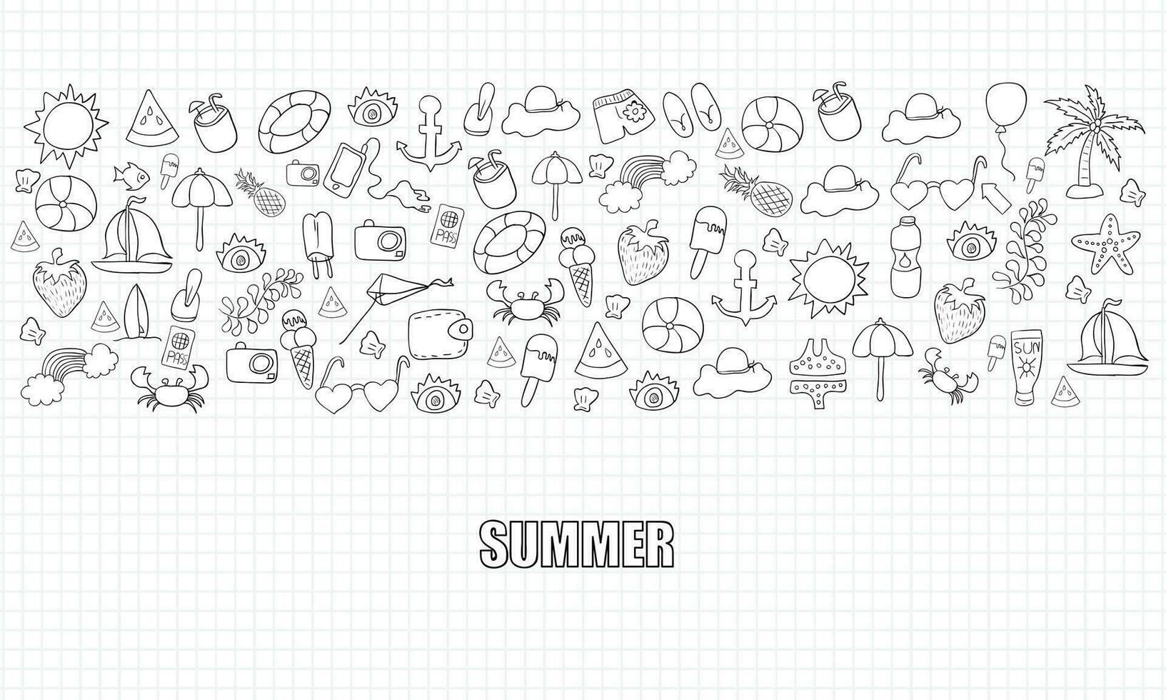 verano playa mano dibujado vector símbolos y objetos, dibujo por mano vector