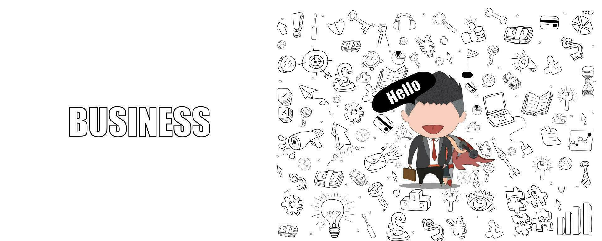 Happy face businessman hello business doodles objects background. a concept Business success and hero and exercise vector