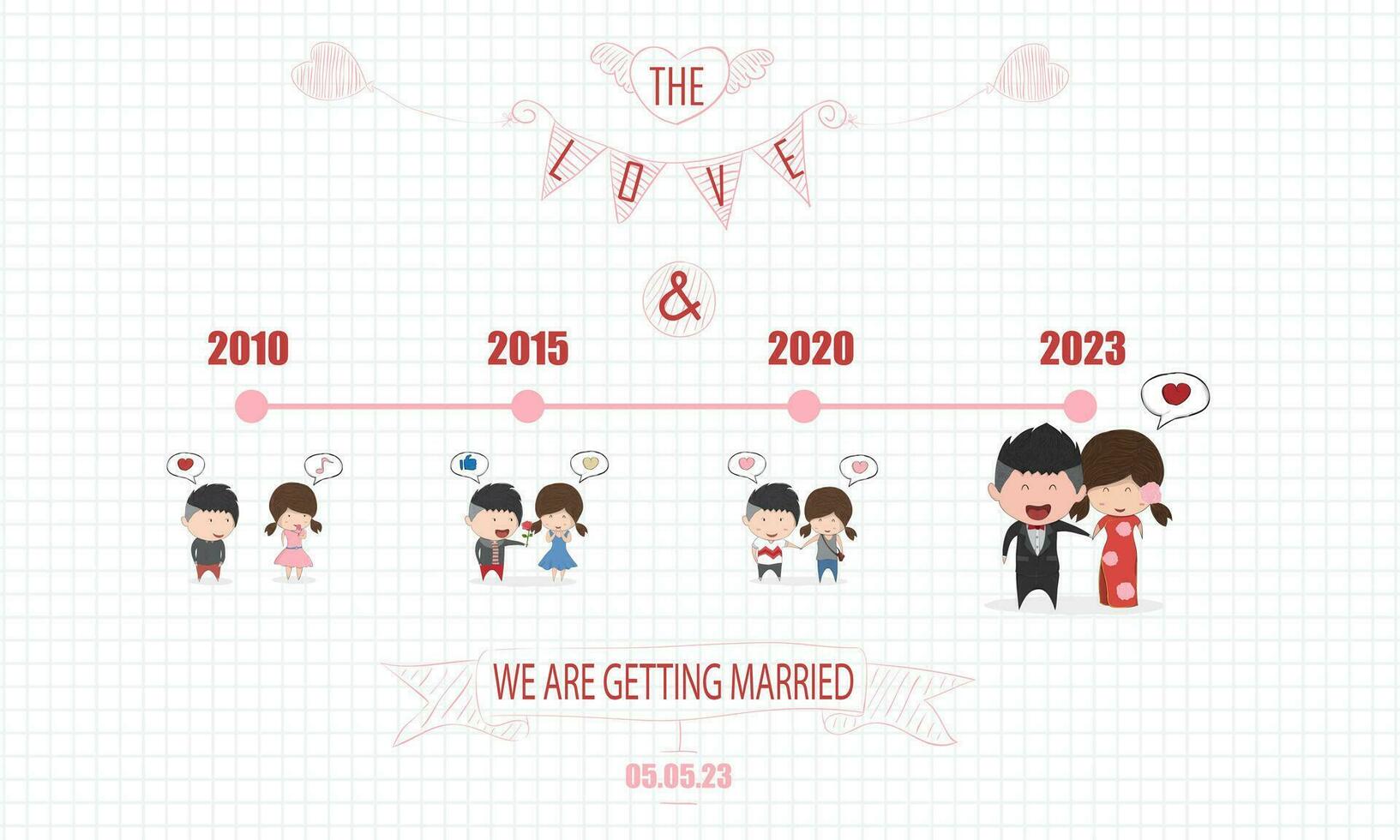 Duration cute cartoon Wedding couple men and women card, cute Valentine's Day card, drawing by hand vector