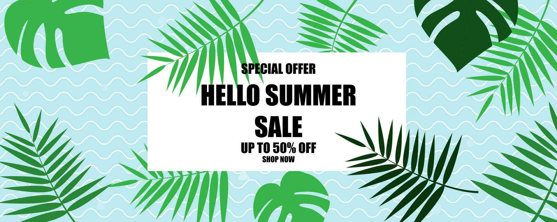 Summer sale banner in trendy bright colors with tropical leaves and discount text. Season promotion  Vector design