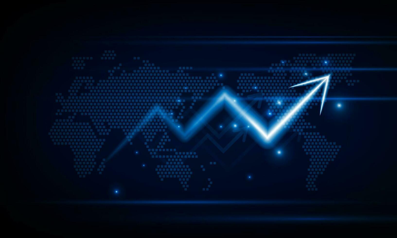 Financial chart with moving up arrow graph and world map in stock market on blue color background concept innovation background, vector design