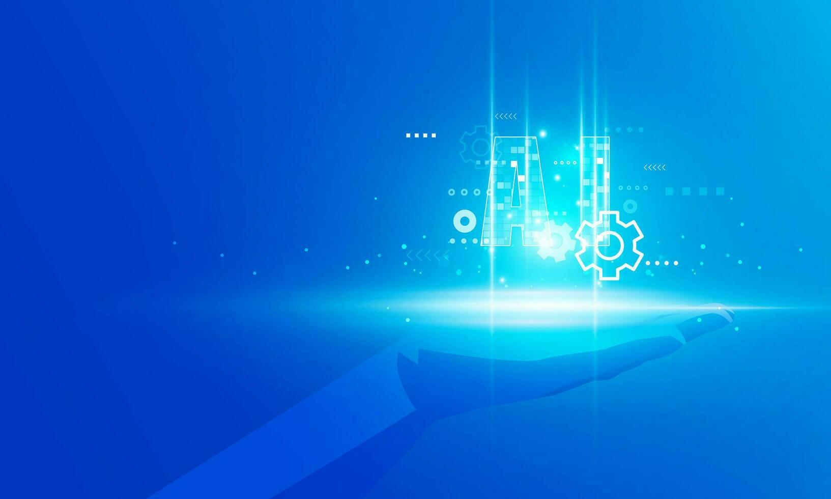 Abstract technology Hitech communication concept of private key in digital world, polygon hand holding AI Artificial Intelligence vector design.