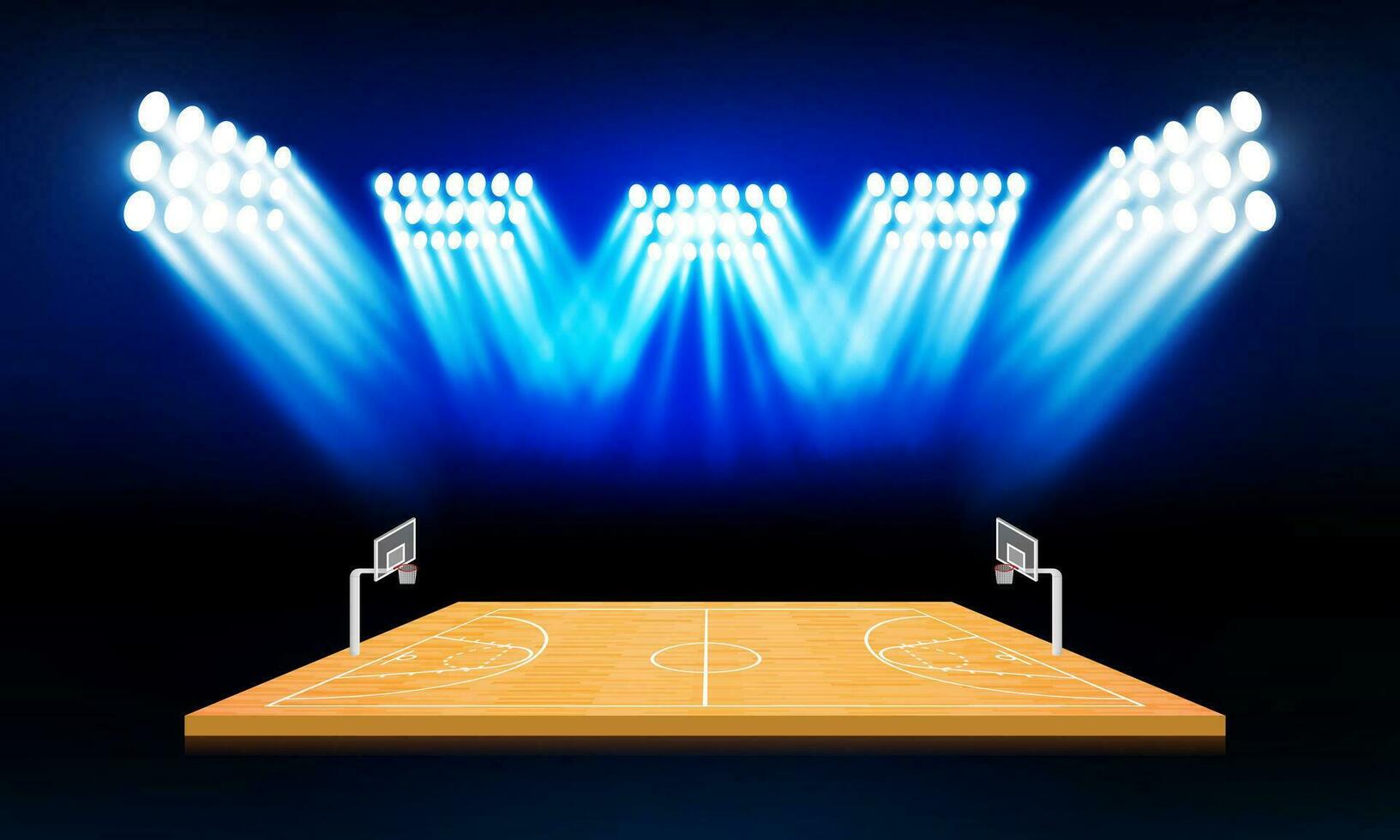 Basketball arena field with bright stadium lights design. Vector illumination