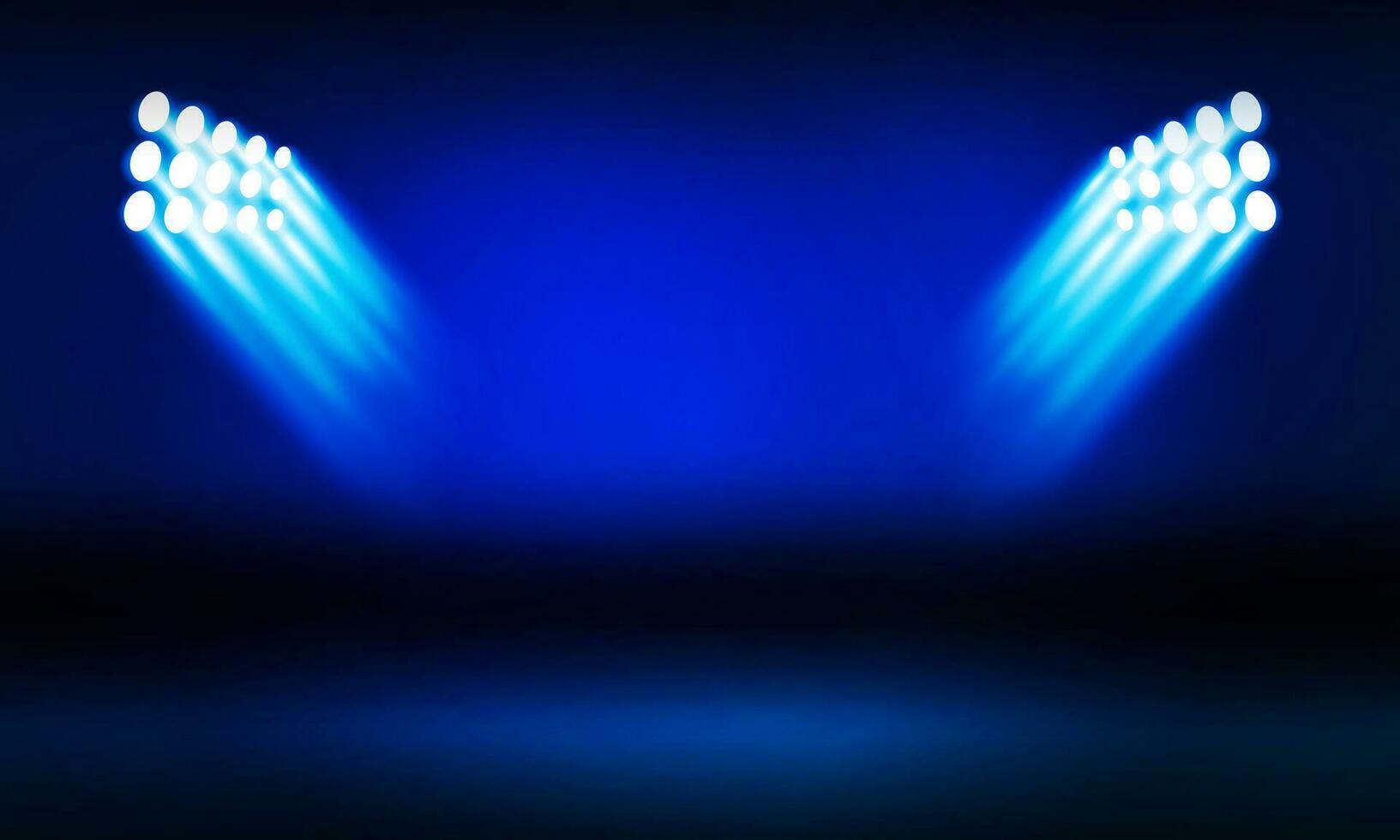 resumen espectáculo LED ligero concierto etapa con azul haz dos ligero esclarecedor vacío espacio, panorámico en negro antecedentes con bandera estadio vector diseño.