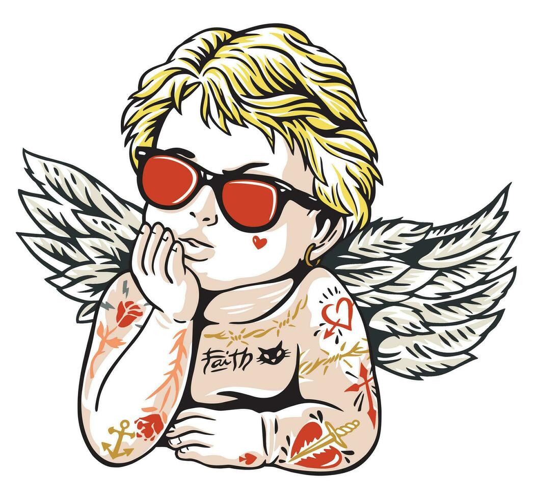 Vector colorful illustration of stylish angel. Stripped representation of a rebel angel with piercing, sunglasses and tattoos.