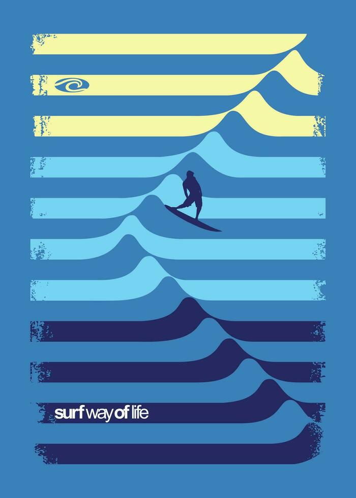 Graphic waves. Vector surfer silhouette illustration for print on t-shirts, posters, etc.