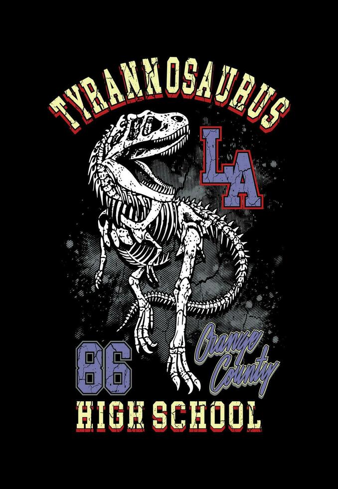 High School Tyrannosaurus. Vector illustration of Tyrannosaurus rex fossil in composition with letteing. College-style art.