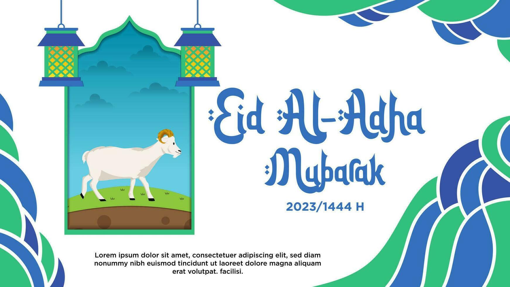 bandera modelo azul y verde resumen tema de contento eid al-adha con animal ilustración vector