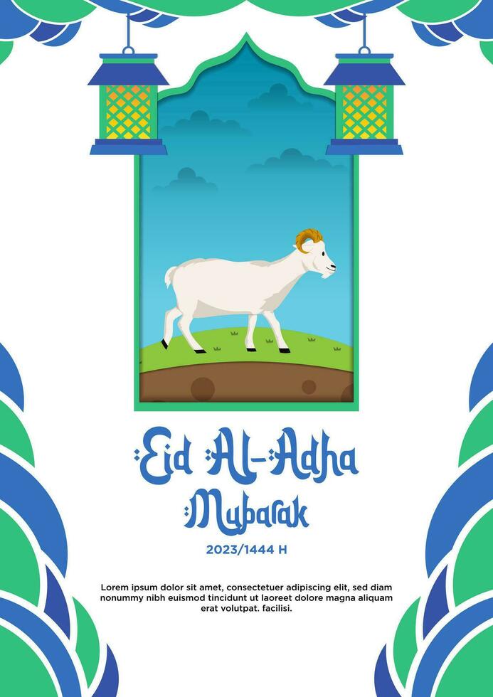 Poster template blue and green abstract theme of Happy Eid al-Adha with animal illustration vector