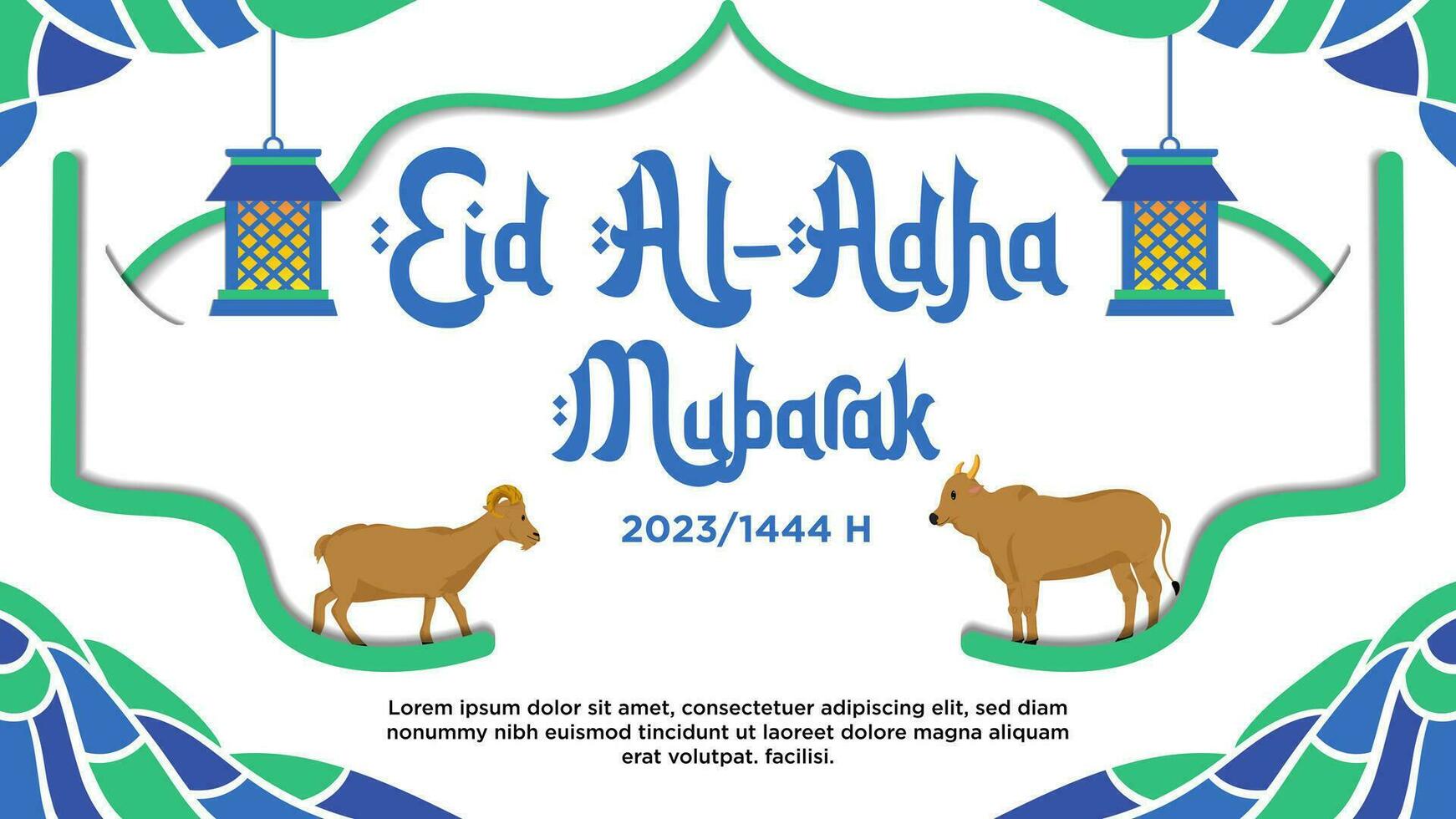 Banner blue and green abstract theme Happy Eid al-Adha with Animal Qurban illustration vector
