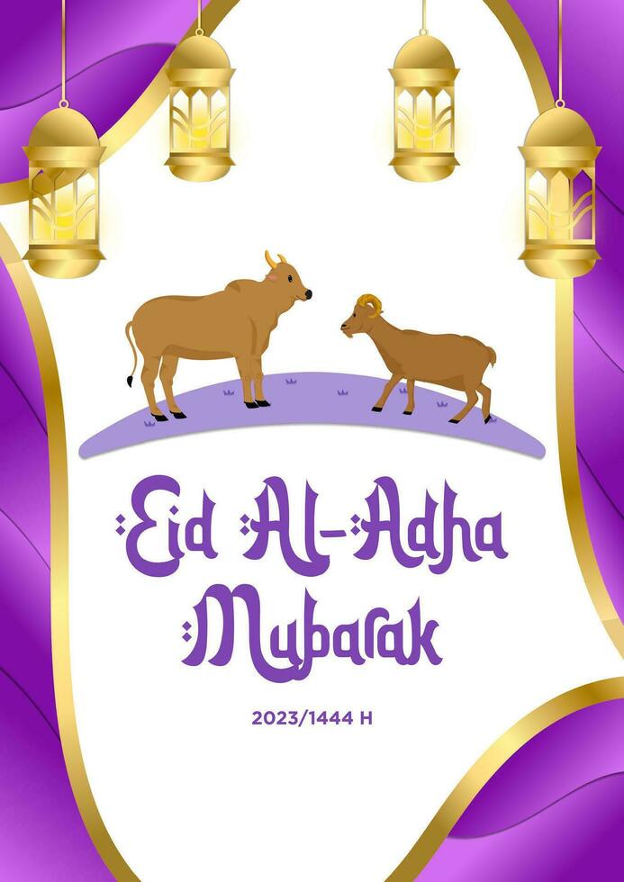 Poster template purple elegant with theme of Happy Eid al-Adha 2023 with cute animal vector