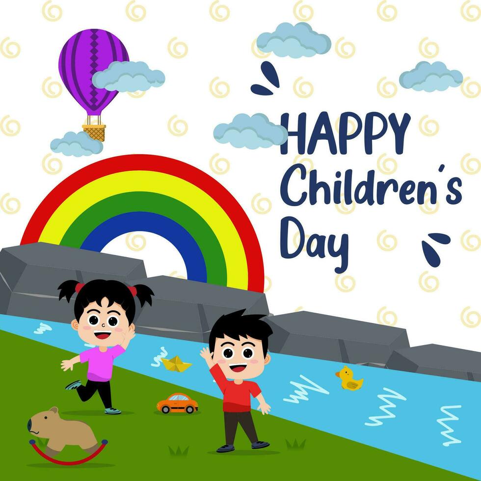 Feeds Happy Children Day's Hand Drawn Play at Rivers Illustration vector