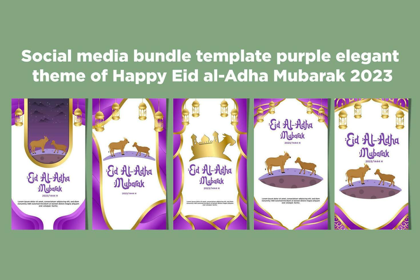 Social media story bundle template purple elegant theme of Happy Eid al-Adha Mubarak 2023 vector