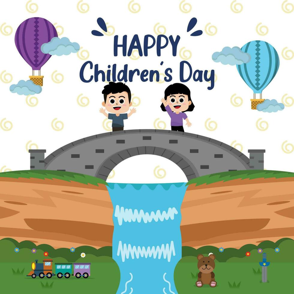 Feeds Happy Children Day's Hand Drawn Waterfall and Bridge Illustration vector