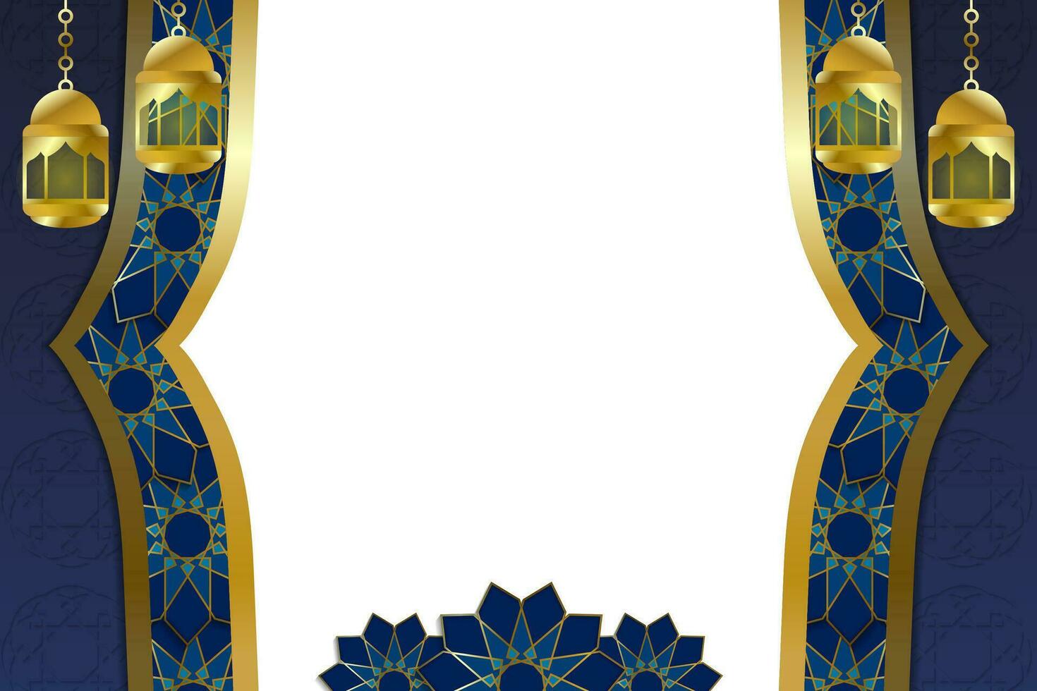 Dark Blue Banner Background with Islamic Flowers Ornament and Lanterns Theme vector