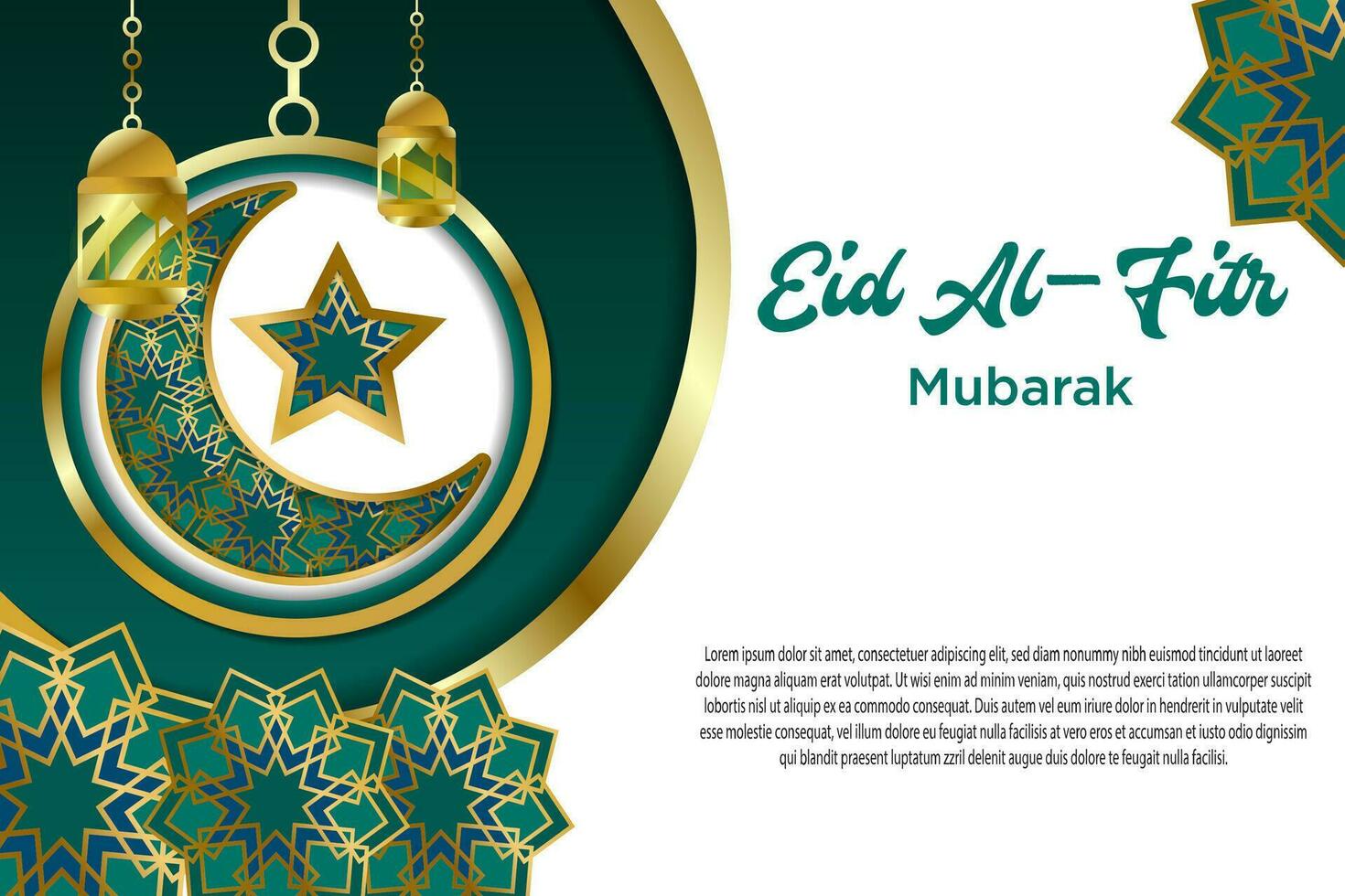 Green Elegant Banner with Islamic Flowers Ornament, Moon Stars and Lanterns Theme For Idul Fitri vector