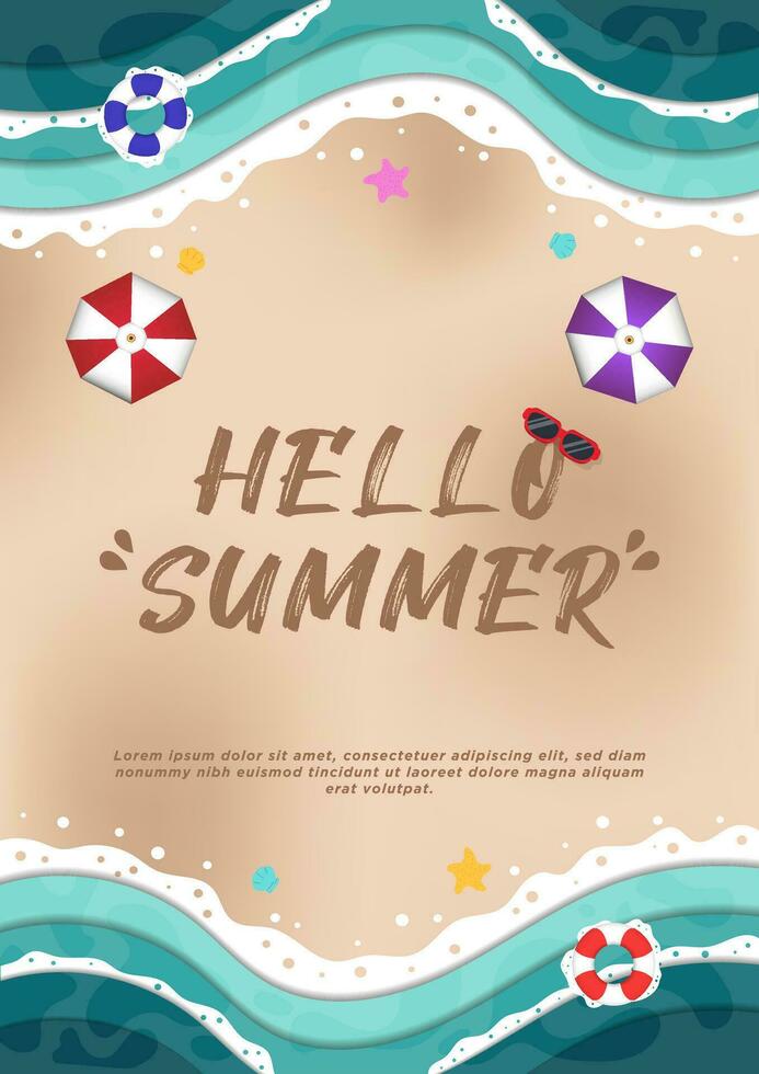 Poster Template Simple Paper Cut Hello Summer Beach Illustration vector