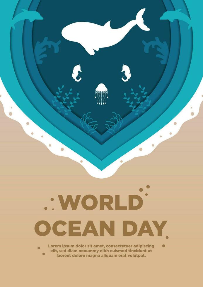 Poster Template World Ocean Day with Beautiful art Paper Cut Style Vector