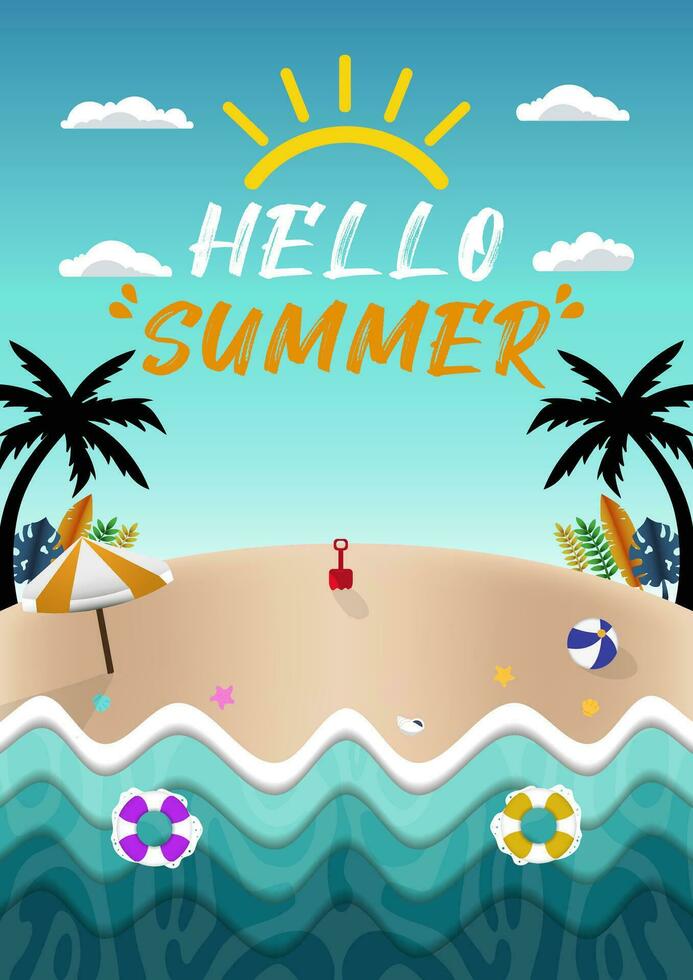 New Concept Poster Templates Paper Cut Hello Summer Beautiful Beach Illustration vector