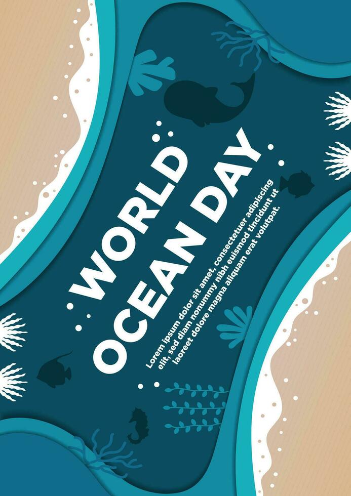 Poster Template World Ocean Day with Amazing Paper Cut Style Vector