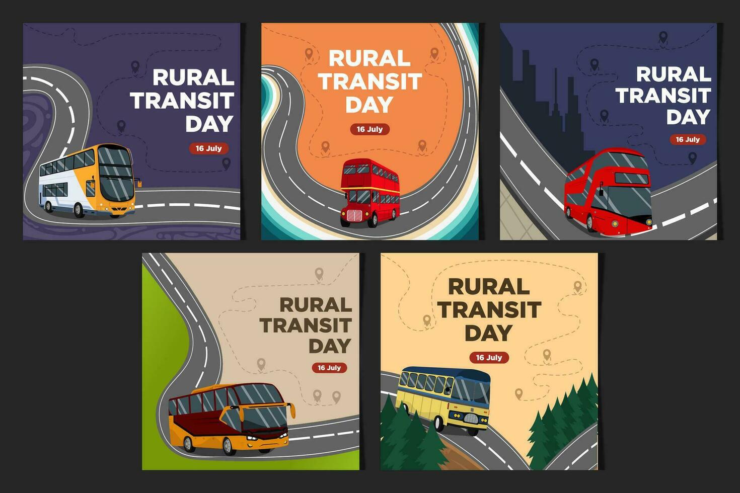 Social Media Feeds Templates Rural Transit Day with the Feel of a City Bus Trip Vector Illustration