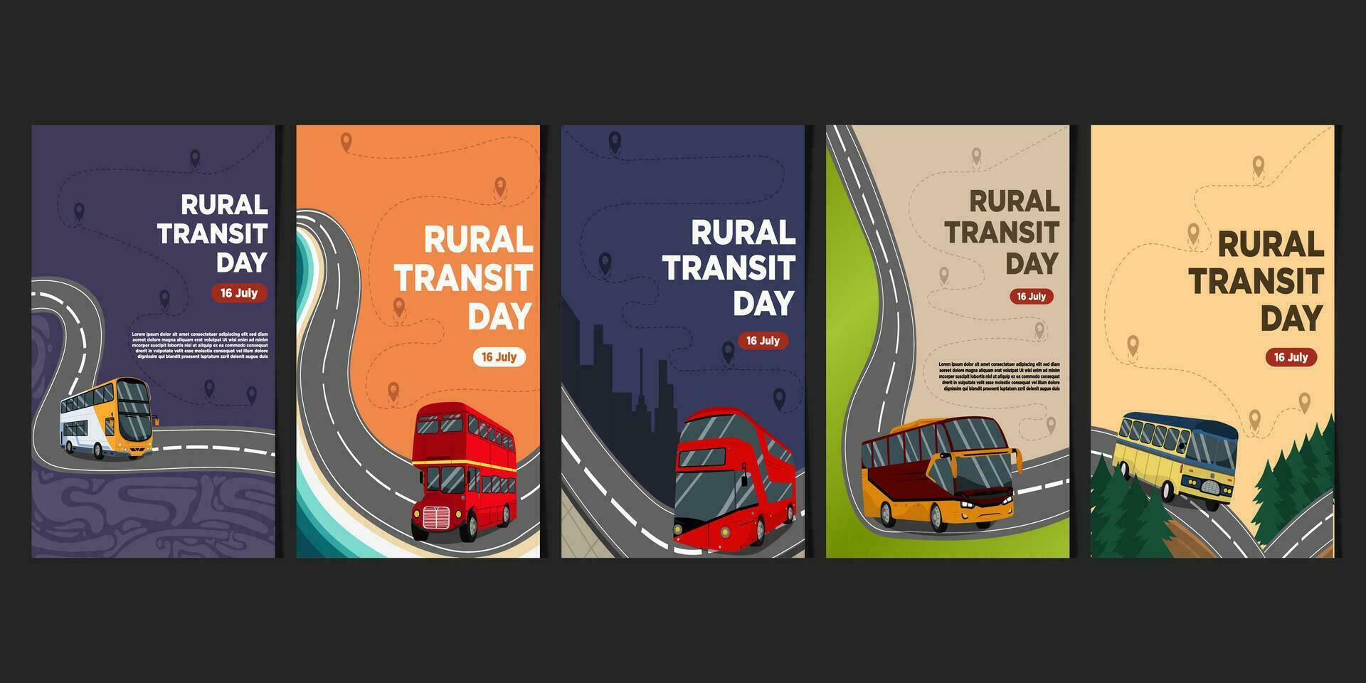 Social Media Story Templates Rural Transit Day with the Feel of a City Bus Trip Vector Illustration