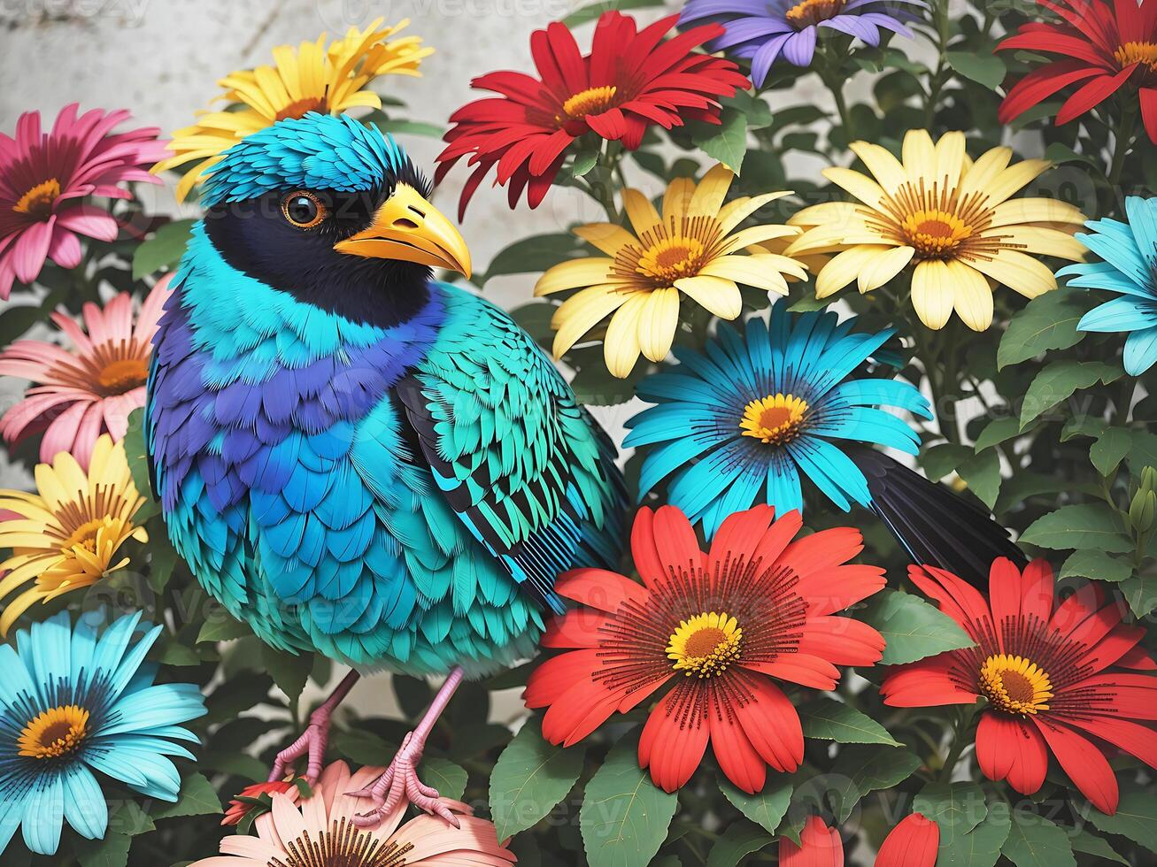 Colorful bird sitting on flowers, photo