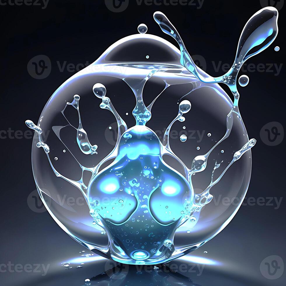 Molecule inside a liquid bubble, cosmetic essence, on dark background of water. photo