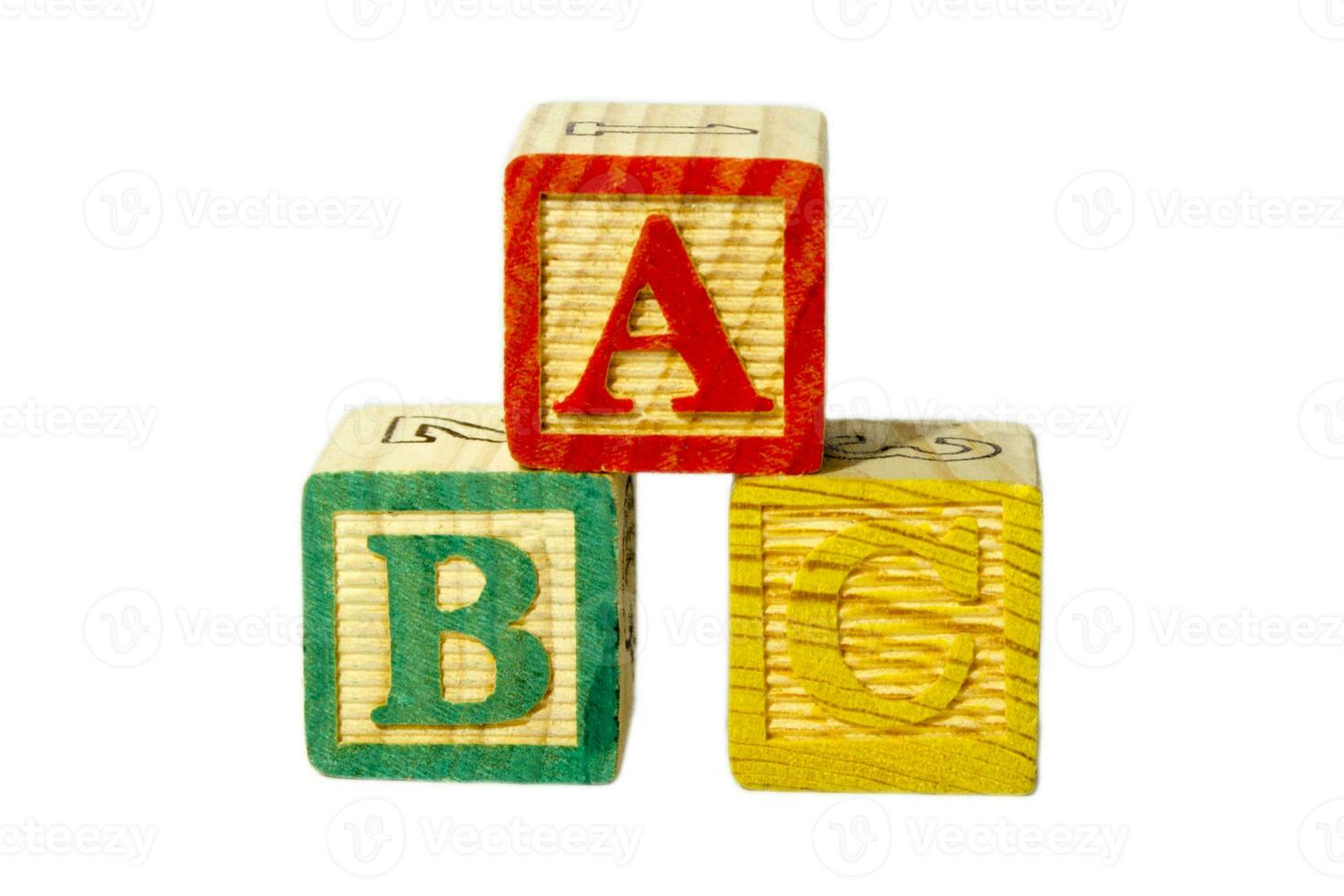 Three wooden blocks for children on white with letters A, B and C. photo